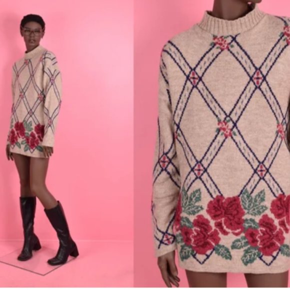 Classic 90’s Y2k Cottage Core Floral Argyle Sweater Woman’… - Picture 4 of 8